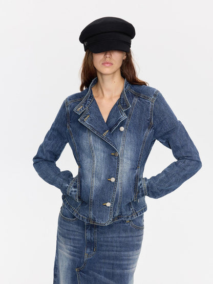 LYUOCHENG Washed Blue Vintage Cut Slub Texture Cropped Women&