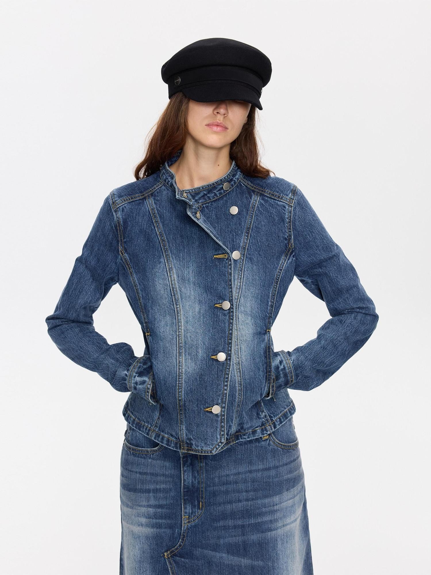 LYUOCHENG Washed Blue Vintage Cut Slub Texture Cropped Women&