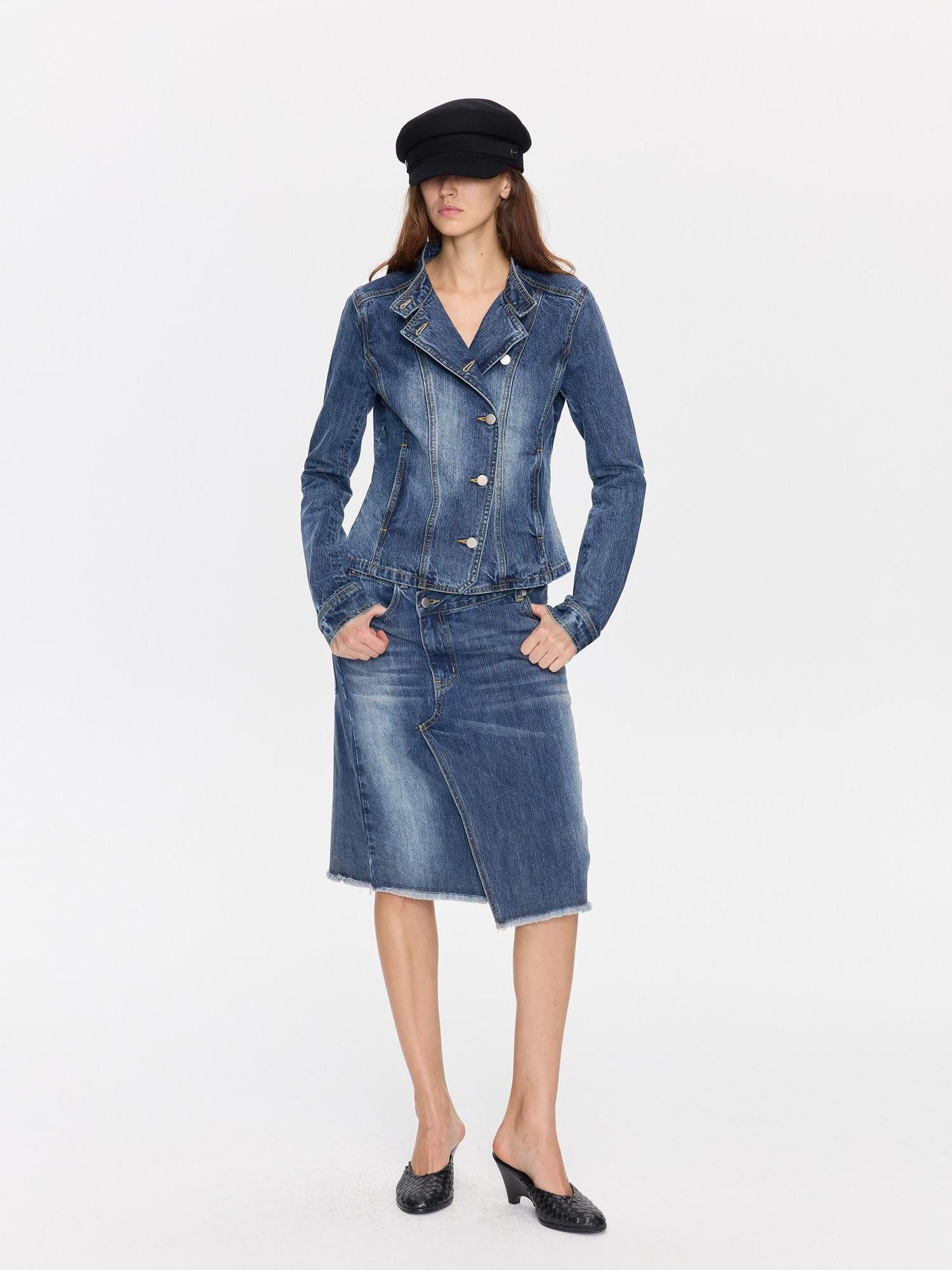 LYUOCHENG Washed Blue Vintage Cut Slub Texture Cropped Women&