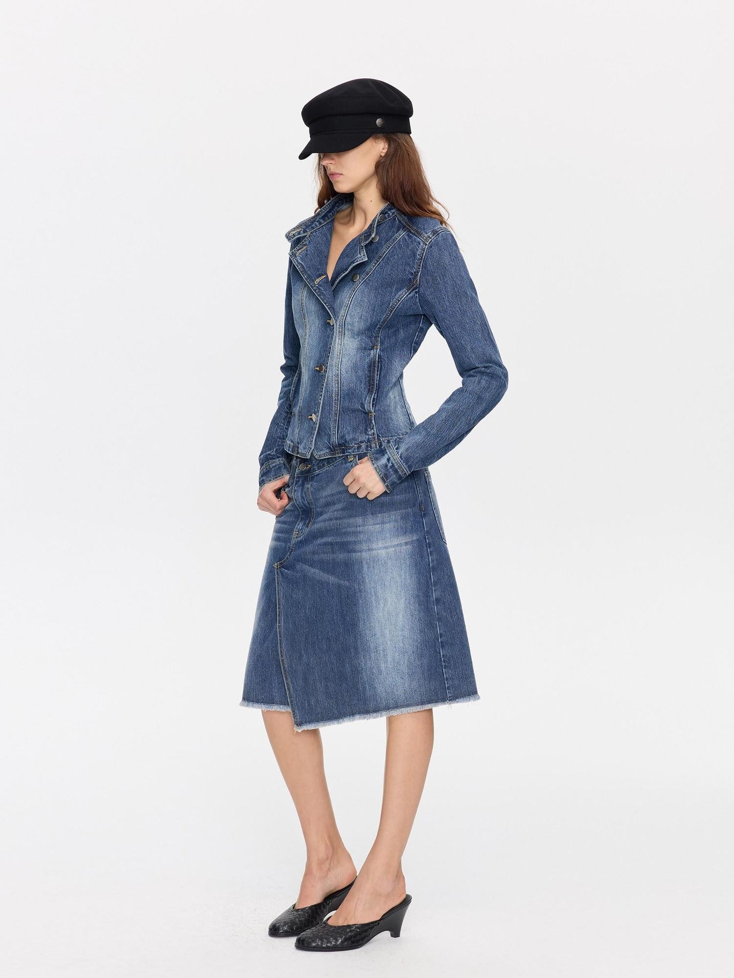LYUOCHENG Washed Blue Vintage Cut Slub Texture Cropped Women&