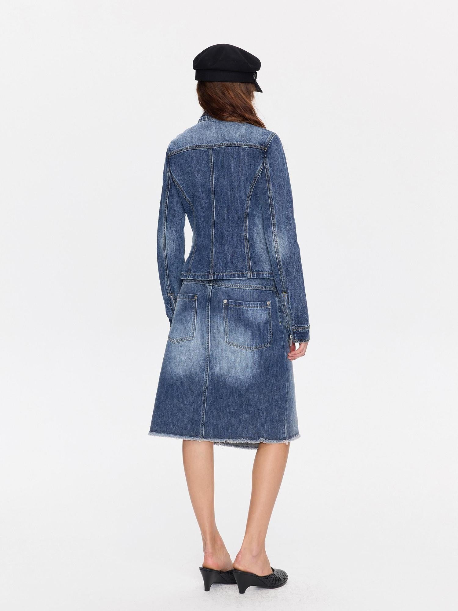 LYUOCHENG Washed Blue Vintage Cut Slub Texture Cropped Women&
