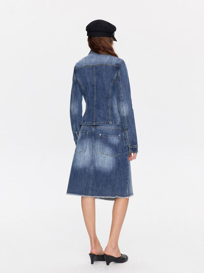 LYUOCHENG Washed Blue Vintage Cut Slub Texture Cropped Women&