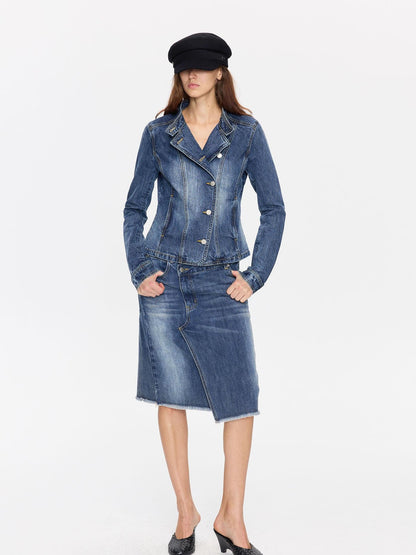 LYUOCHENG Washed Blue Vintage Cut Slub Texture Cropped Women&