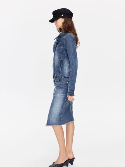 LYUOCHENG Washed Blue Vintage Cut Slub Texture Cropped Women&