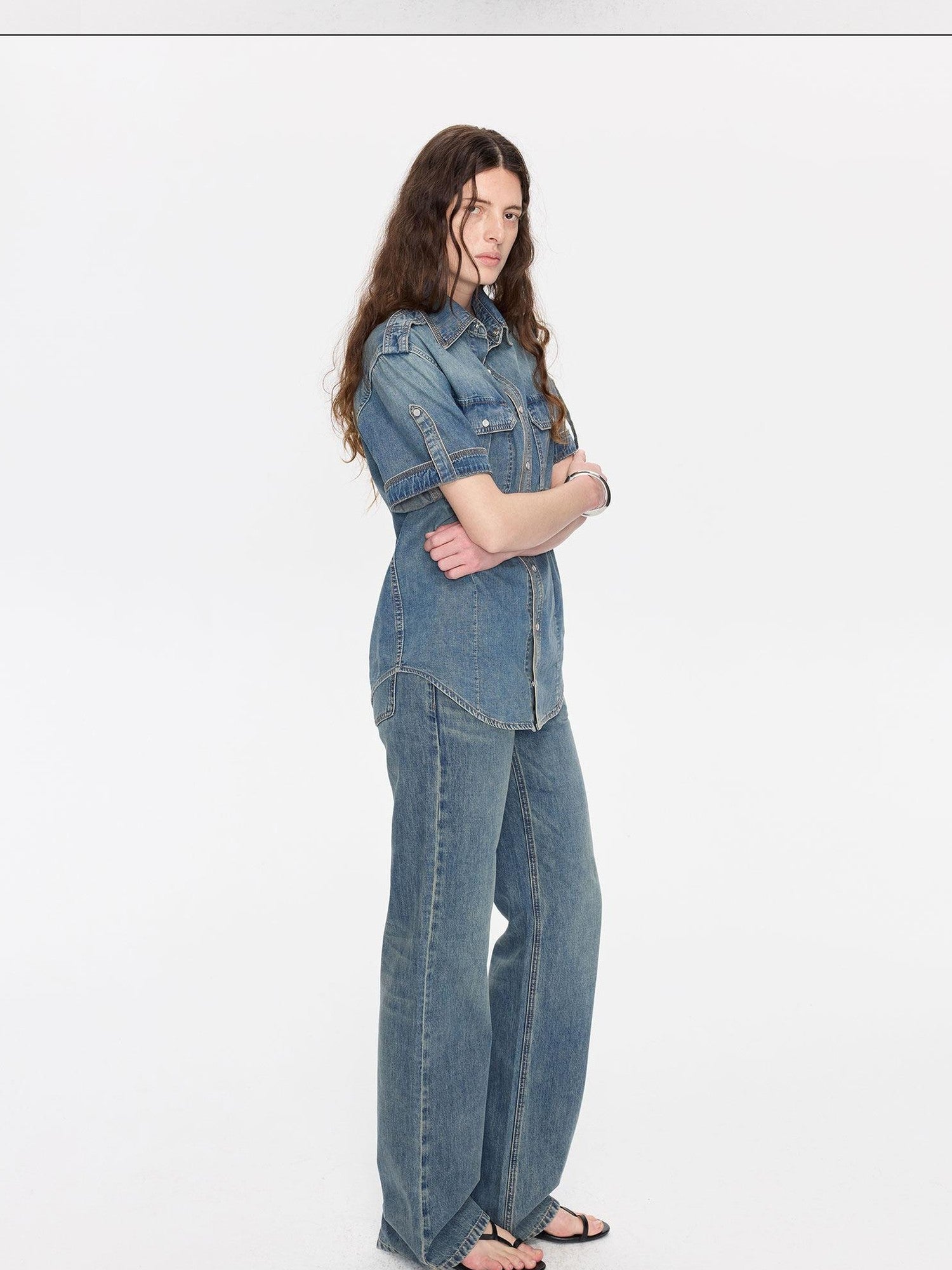 LYUOCHENG Washed Denim Distressed Rolled Hem Utility Women&