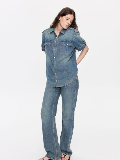 LYUOCHENG Washed Denim Distressed Rolled Hem Utility Women&