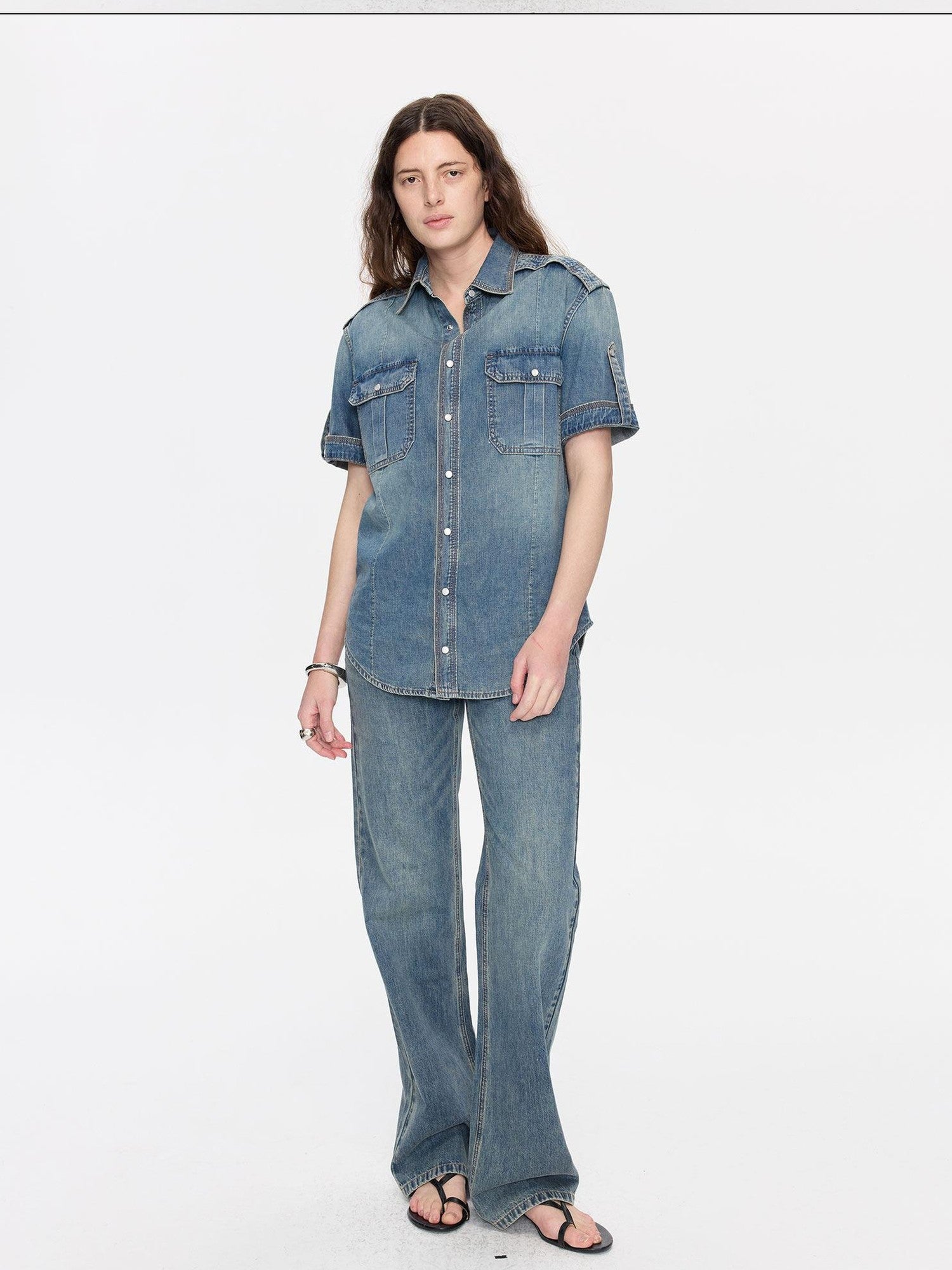 LYUOCHENG Washed Denim Distressed Rolled Hem Utility Women&
