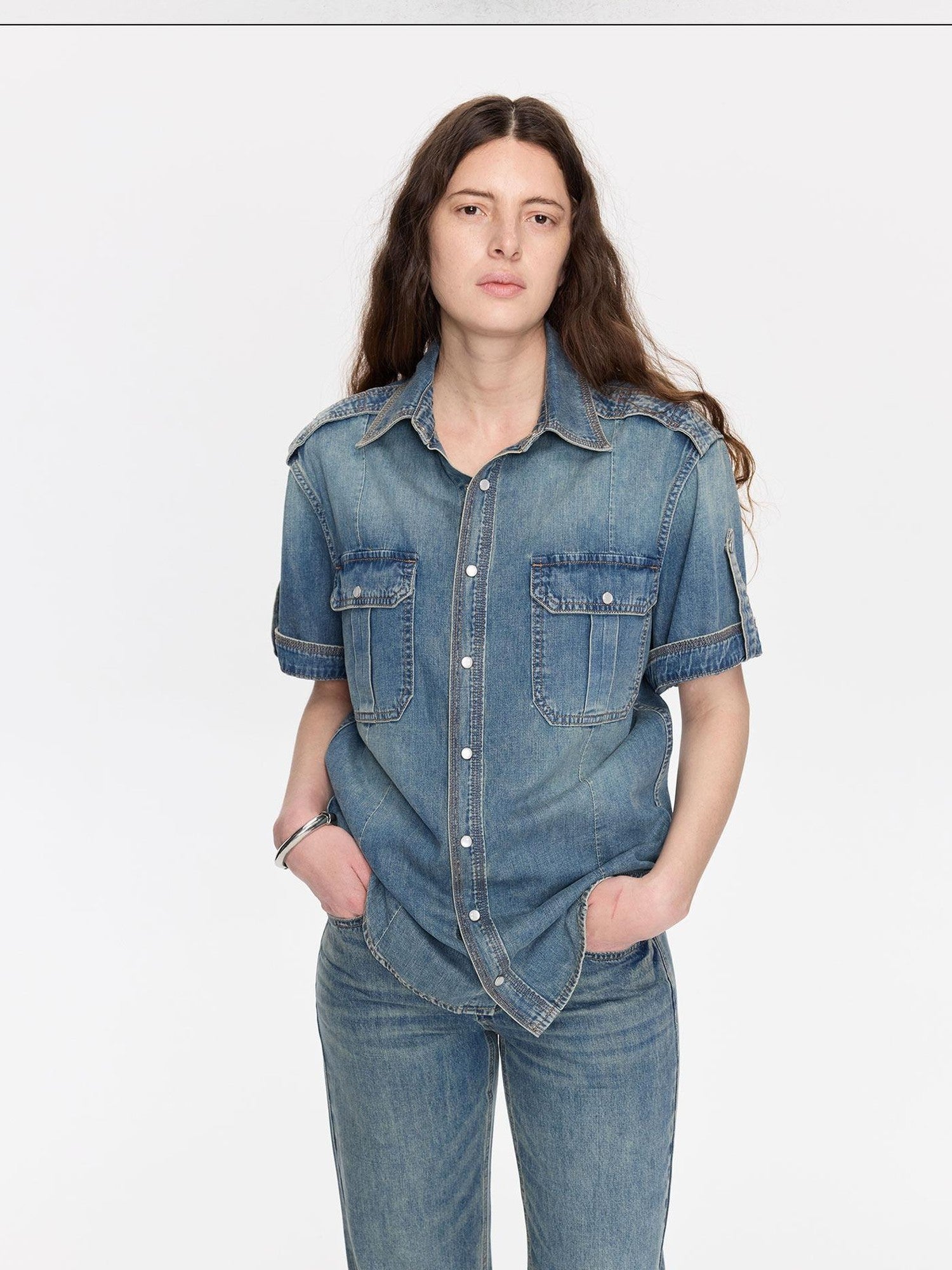 LYUOCHENG Washed Denim Distressed Rolled Hem Utility Women&