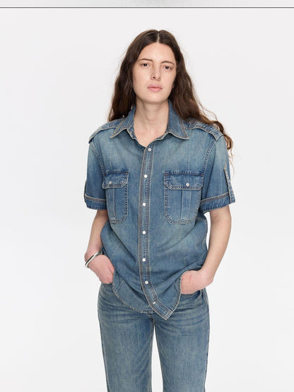 LYUOCHENG Washed Denim Distressed Rolled Hem Utility Women&