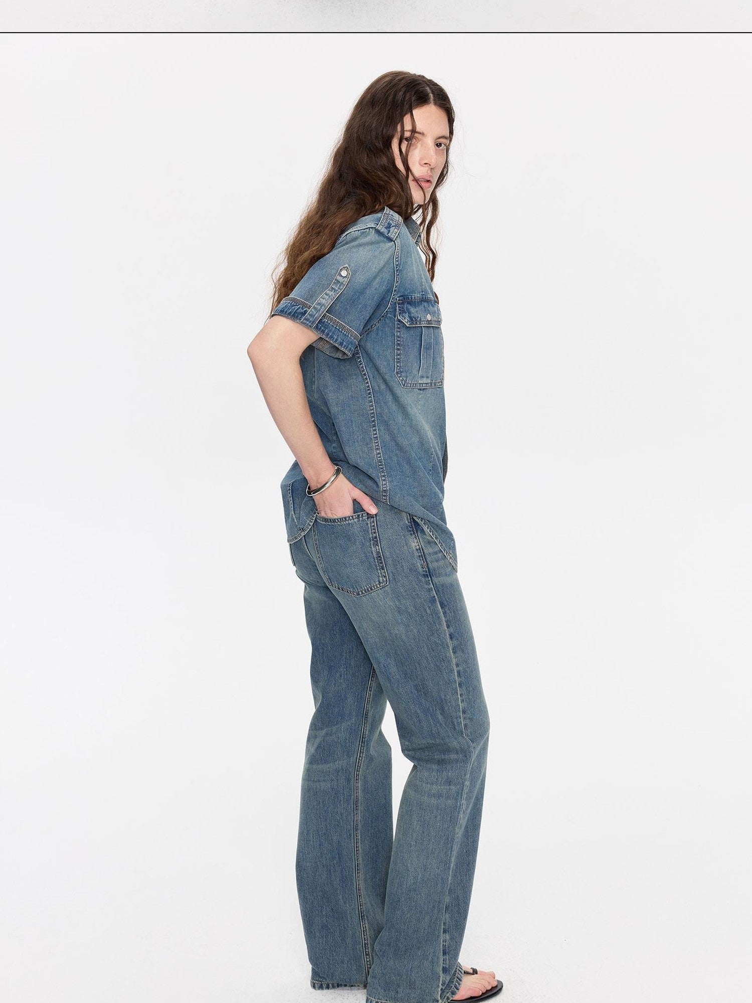 LYUOCHENG Washed Denim Distressed Rolled Hem Utility Women&