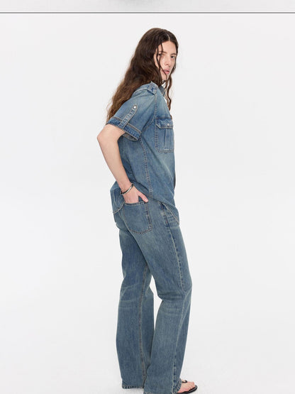 LYUOCHENG Washed Denim Distressed Rolled Hem Utility Women&