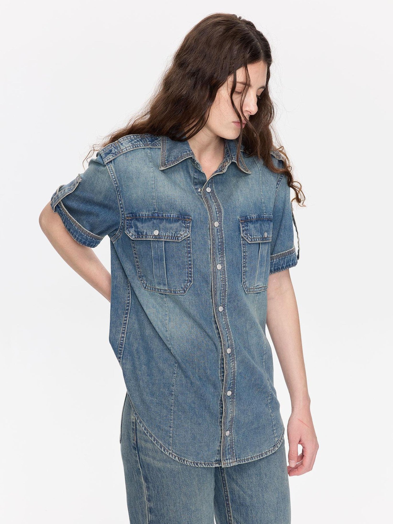 LYUOCHENG Washed Denim Distressed Rolled Hem Utility Women&