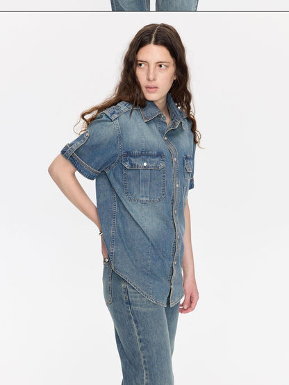 LYUOCHENG Washed Denim Distressed Rolled Hem Utility Women&