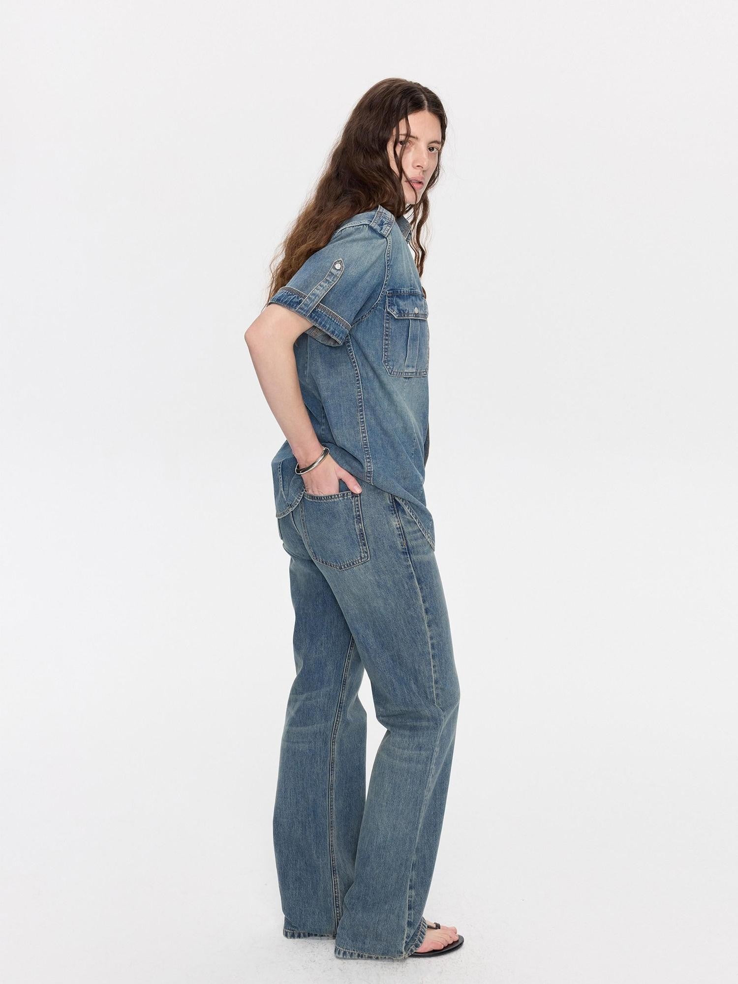 LYUOCHENG Washed Denim Distressed Rolled Hem Utility Women&