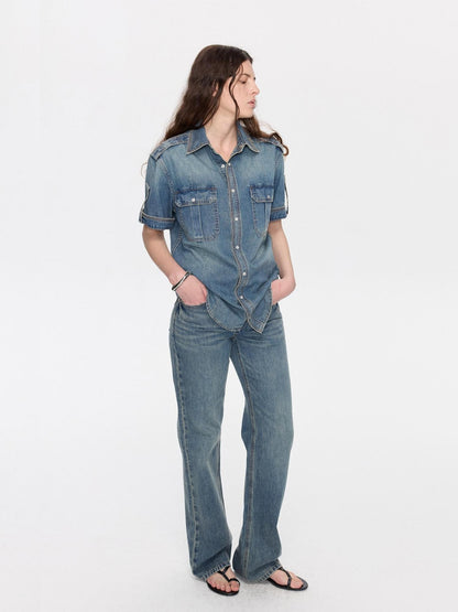 LYUOCHENG Washed Denim Distressed Rolled Hem Utility Women&