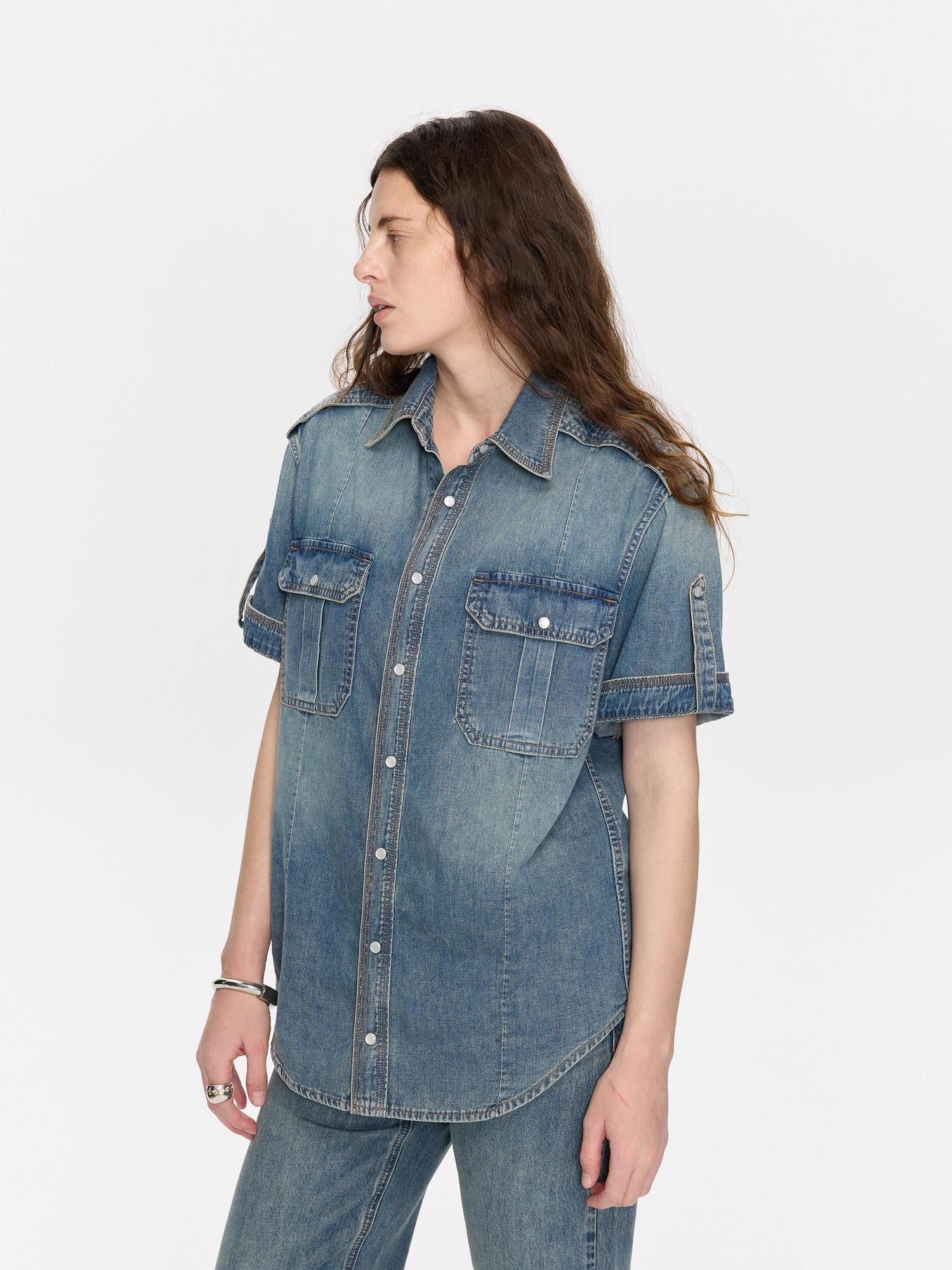 LYUOCHENG Washed Denim Distressed Rolled Hem Utility Women&