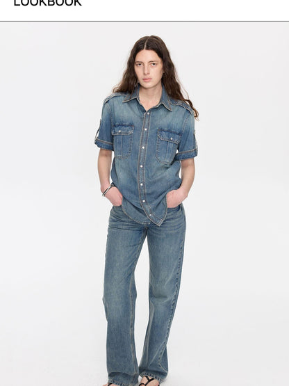 LYUOCHENG Washed Denim Distressed Rolled Hem Utility Women&
