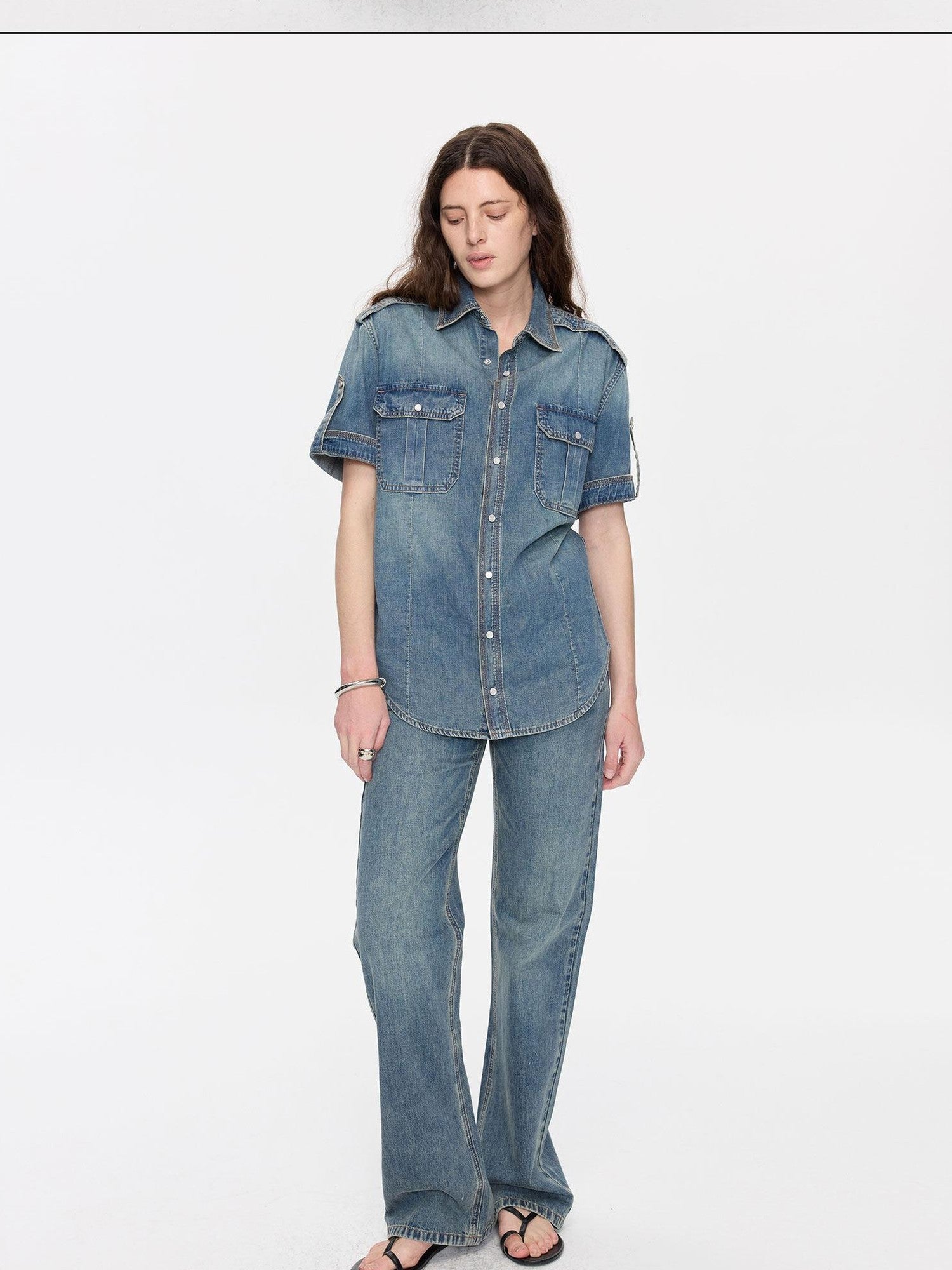 LYUOCHENG Washed Denim Distressed Rolled Hem Utility Women&