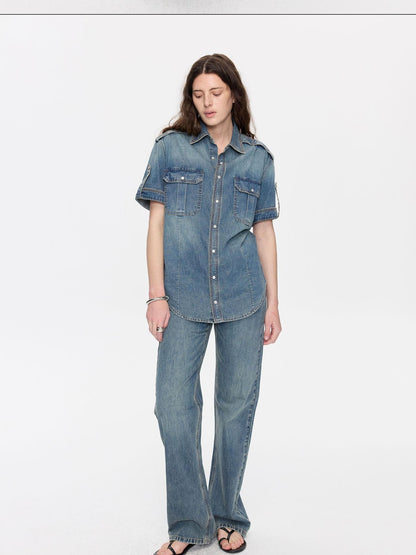 LYUOCHENG Washed Denim Distressed Rolled Hem Utility Women&