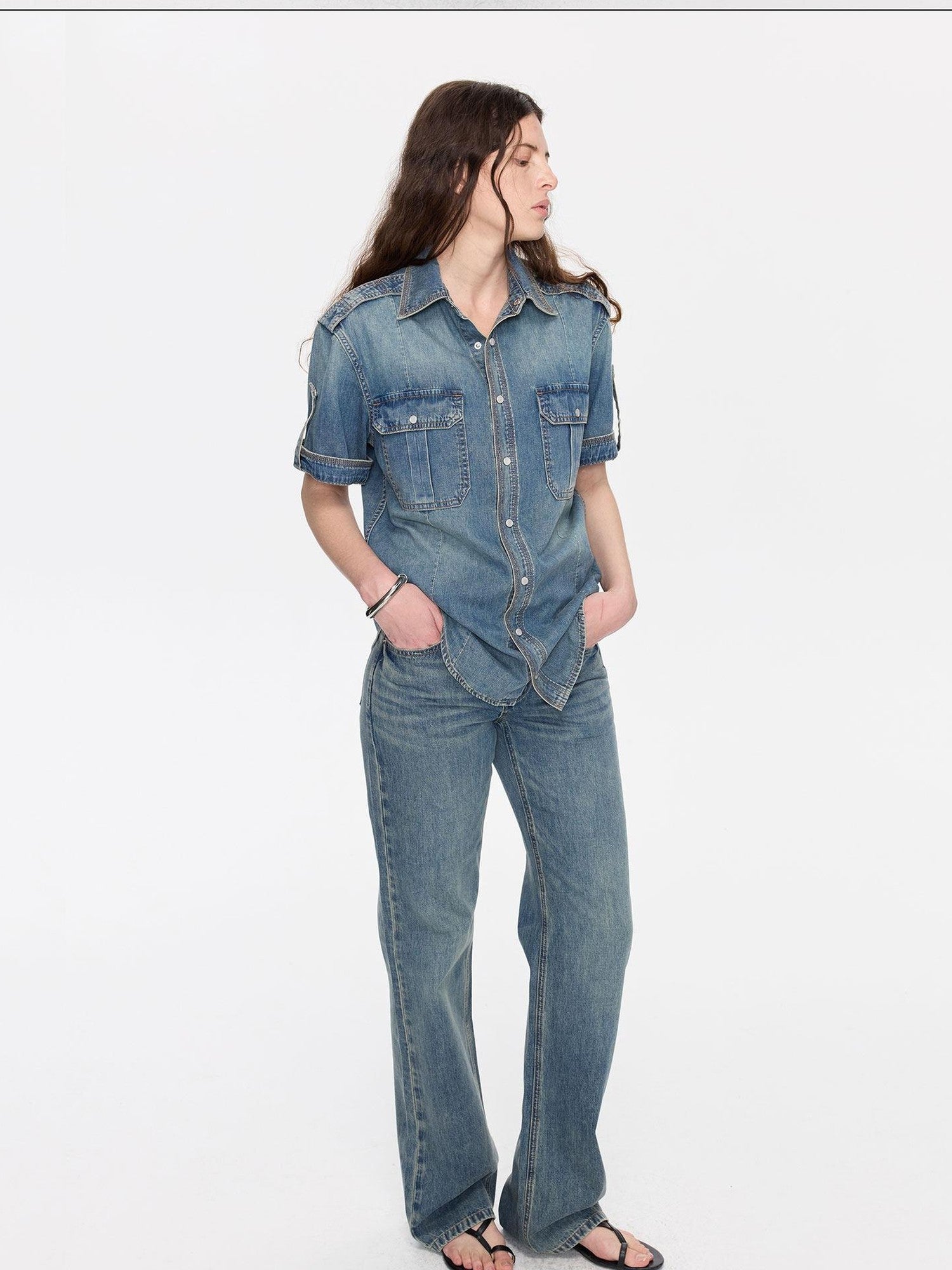 LYUOCHENG Washed Denim Distressed Rolled Hem Utility Women&