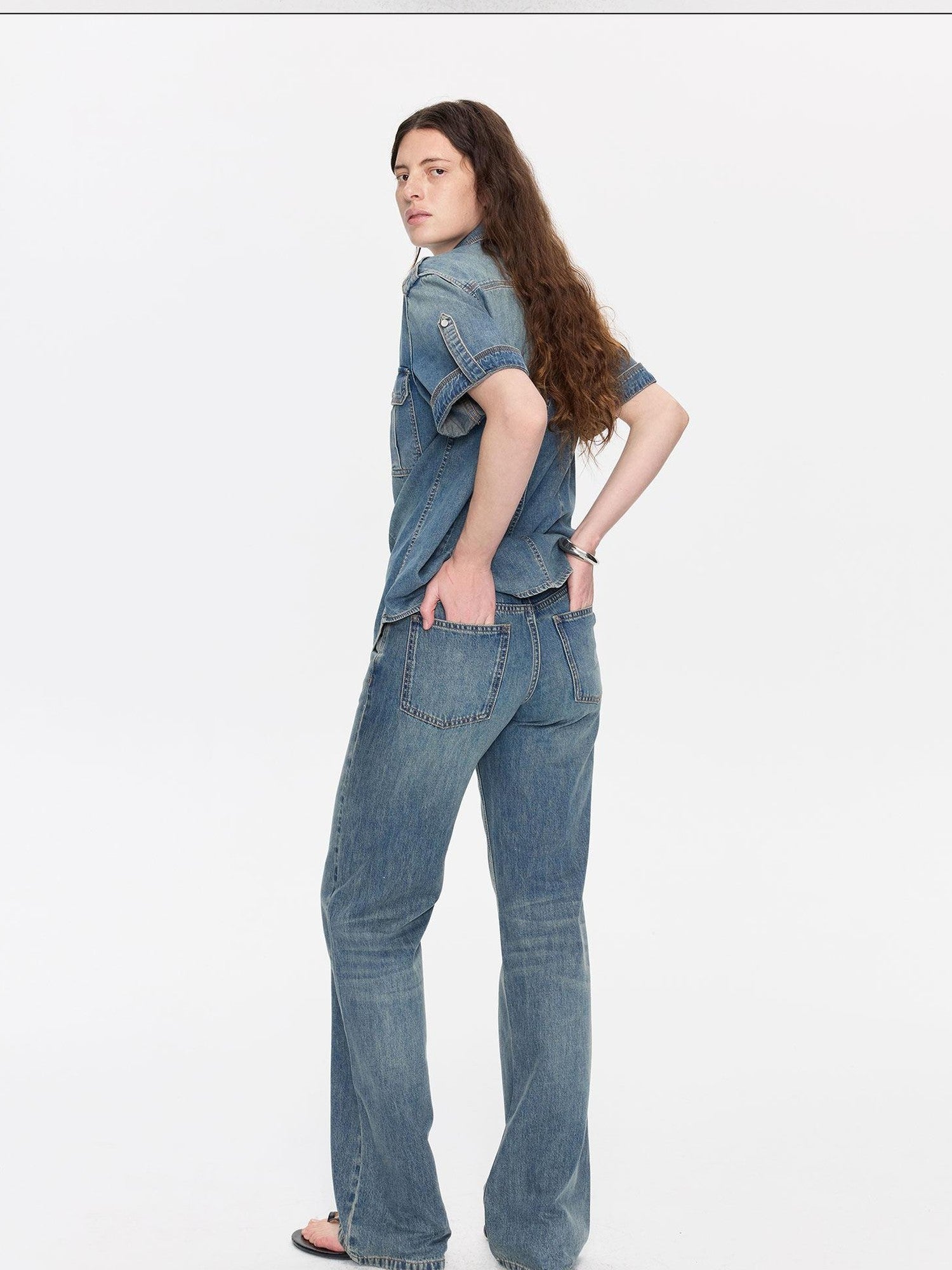 LYUOCHENG Washed Denim Distressed Rolled Hem Utility Women&