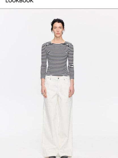 LYUOCHENG White Slight Flare Natural Waist Stretch Women&