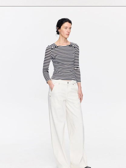 LYUOCHENG White Slight Flare Natural Waist Stretch Women&