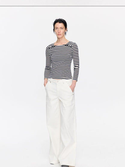 LYUOCHENG White Slight Flare Natural Waist Stretch Women&