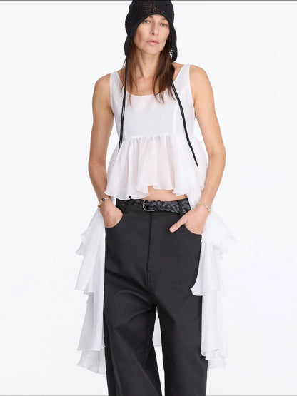 LYUOCHENG White Tencel Cold Shoulder Ruffle Hem Asymmetrical Slip Dress