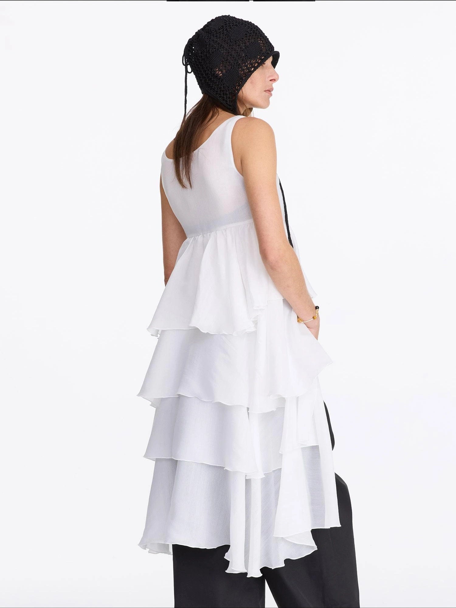 LYUOCHENG White Tencel Cold Shoulder Ruffle Hem Asymmetrical Slip Dress