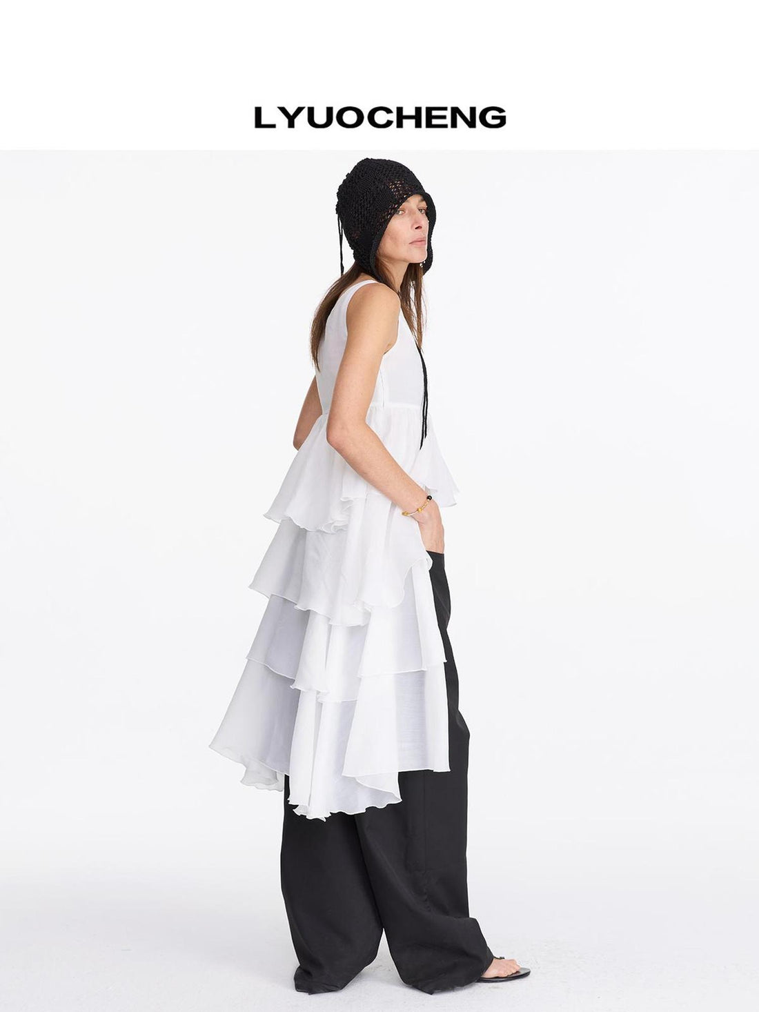 LYUOCHENG White Tencel Cold Shoulder Ruffle Hem Asymmetrical Slip Dress