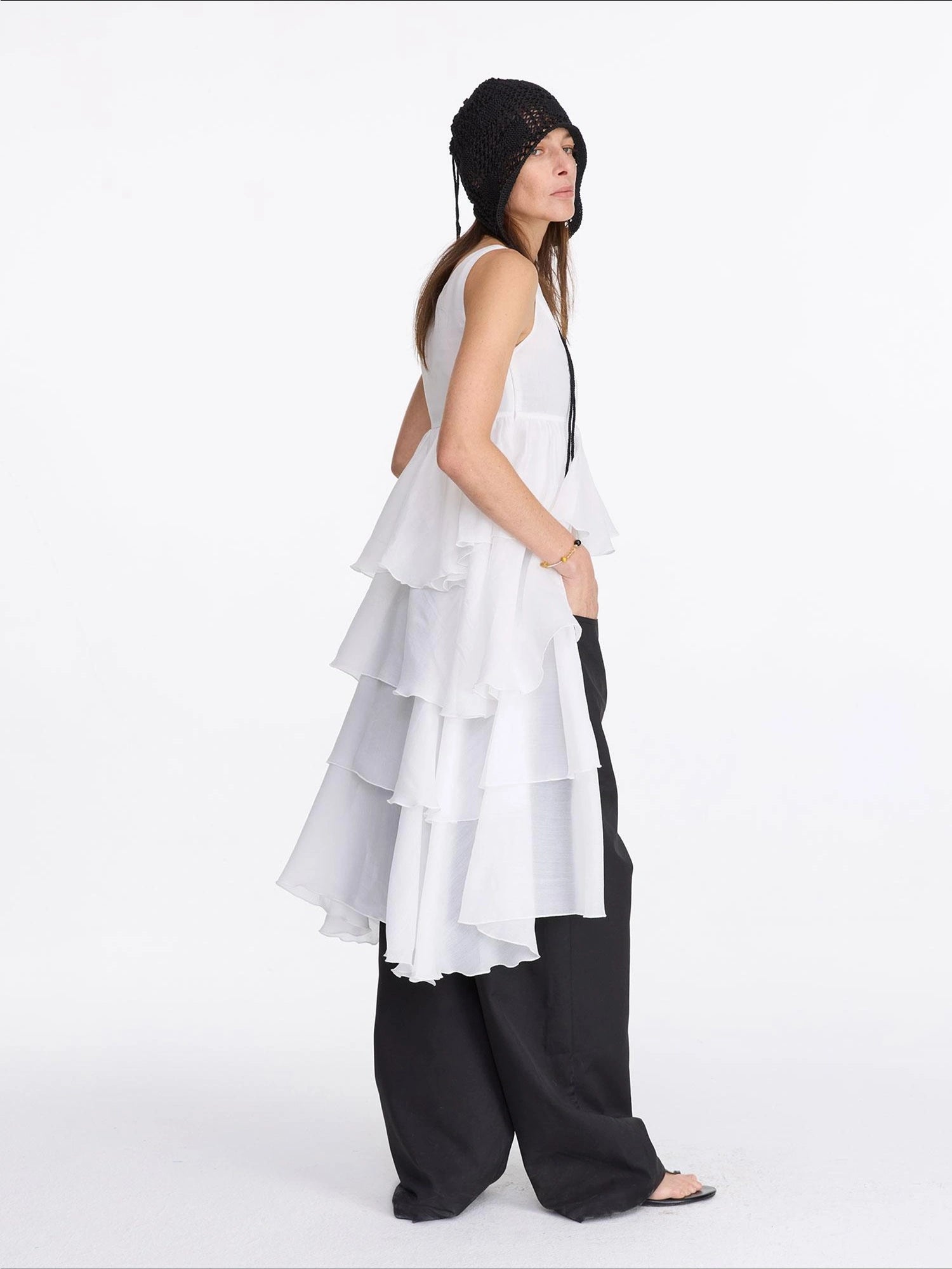 LYUOCHENG White Tencel Cold Shoulder Ruffle Hem Asymmetrical Slip Dress