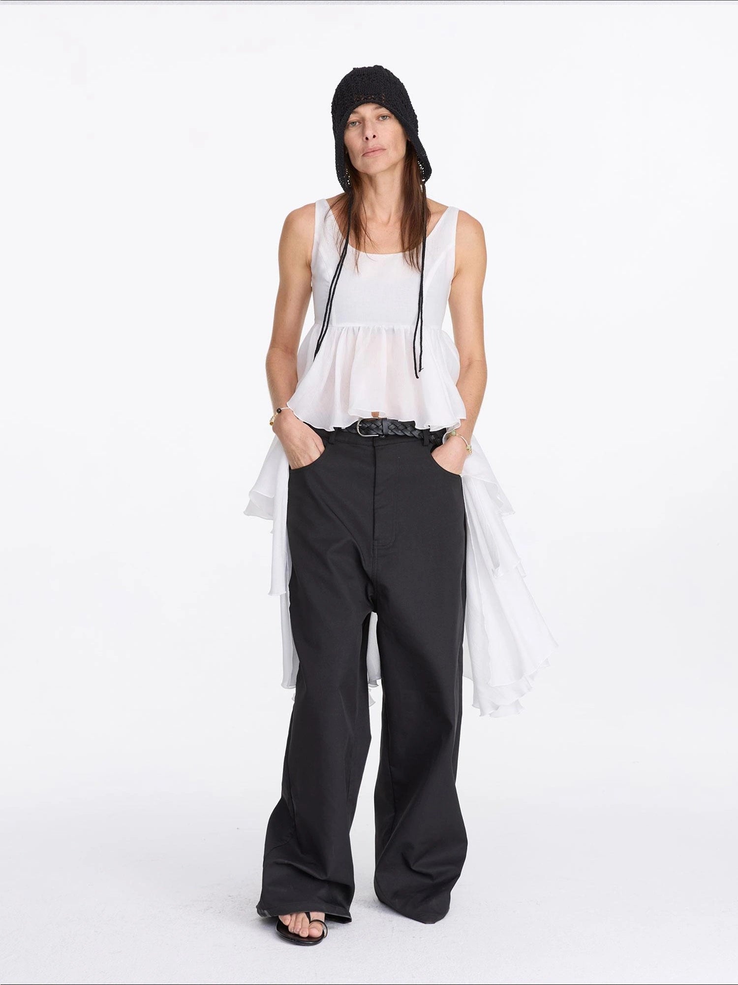 LYUOCHENG White Tencel Cold Shoulder Ruffle Hem Asymmetrical Slip Dress