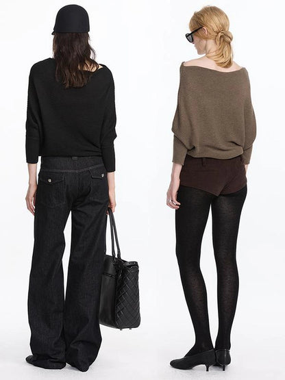 LYUOCHENG Wide Neck Batwing Sleeve Knit Top