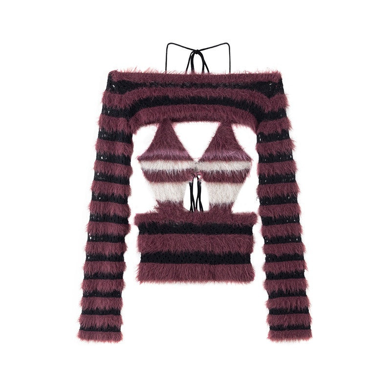 LYUOCHENG_Wine_Red_Knitted_Colorblock_Lace_Up_Women&