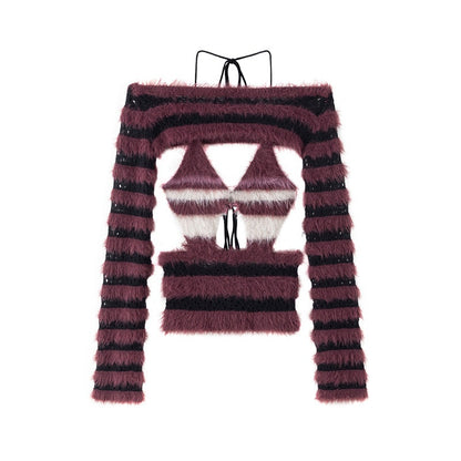 LYUOCHENG_Wine_Red_Knitted_Colorblock_Lace_Up_Women&