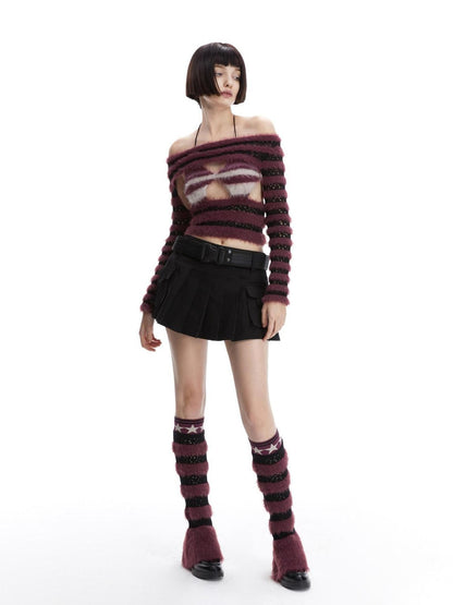 LYUOCHENG Wine Red Knitted Colorblock Lace Up Women&