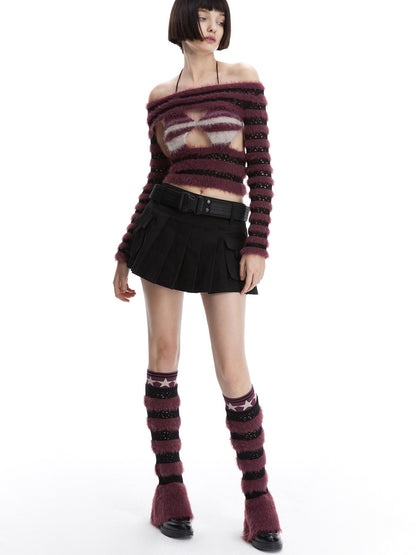 LYUOCHENG Wine Red Knitted Colorblock Lace Up Women&