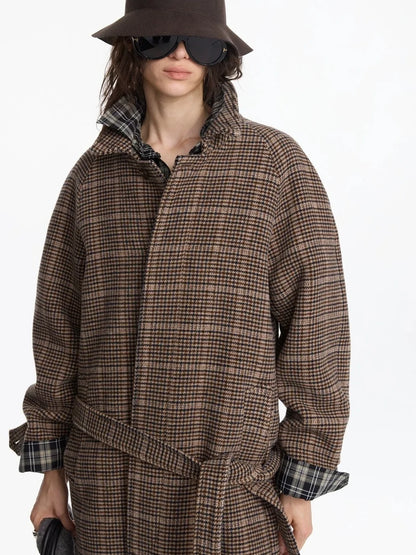 LYUOCHENG Wool Raglan Sleeve Check Trench Coat