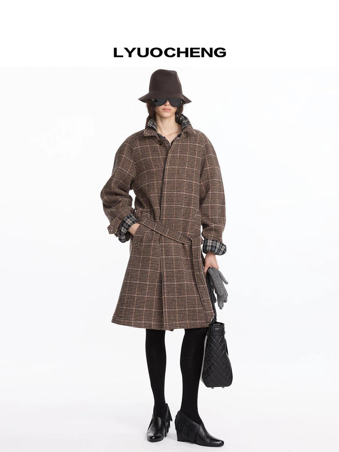 LYUOCHENG Wool Raglan Sleeve Check Trench Coat