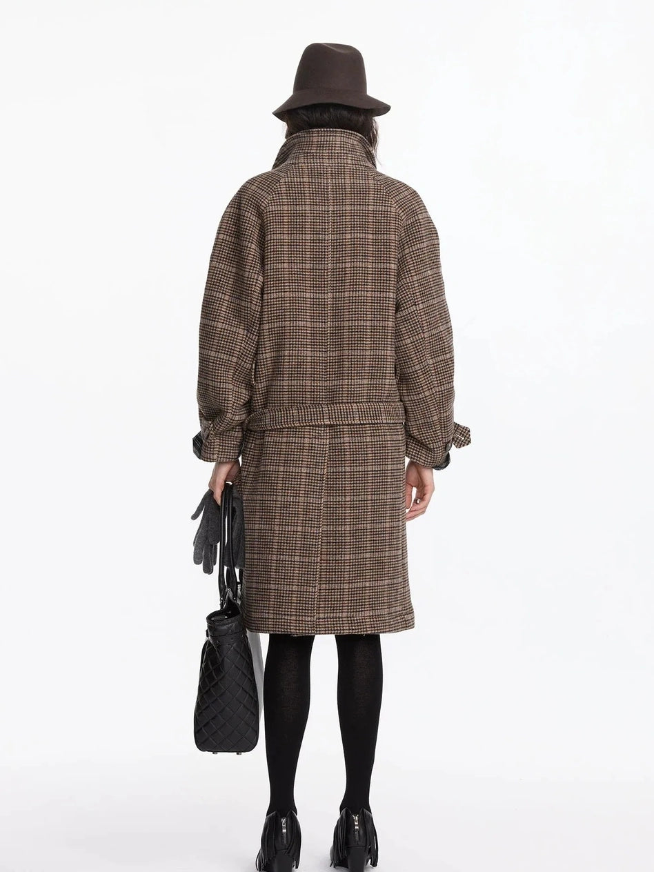 LYUOCHENG Wool Raglan Sleeve Check Trench Coat