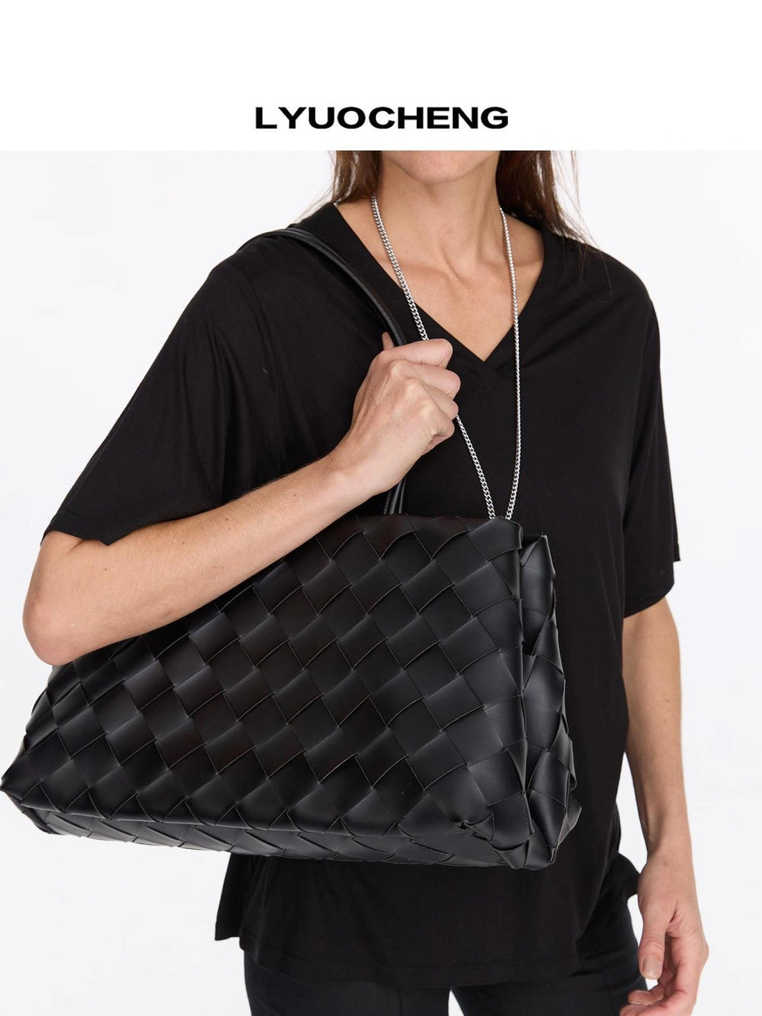 LYUOCHENG Woven Diamond Pattern Leather Tote