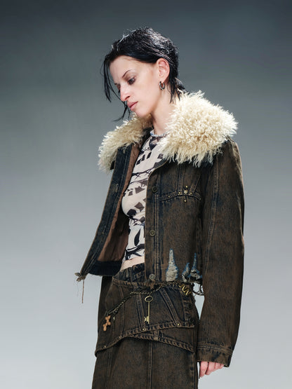 UpdateNN NORTH NODE Vintage Wash Denim Jacket With Fur Collar And Quilted Lining