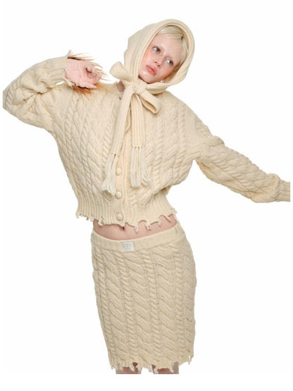 Lace-Knit Cardigan &amp; Skirt Set With Cut-Out Detailssweaters