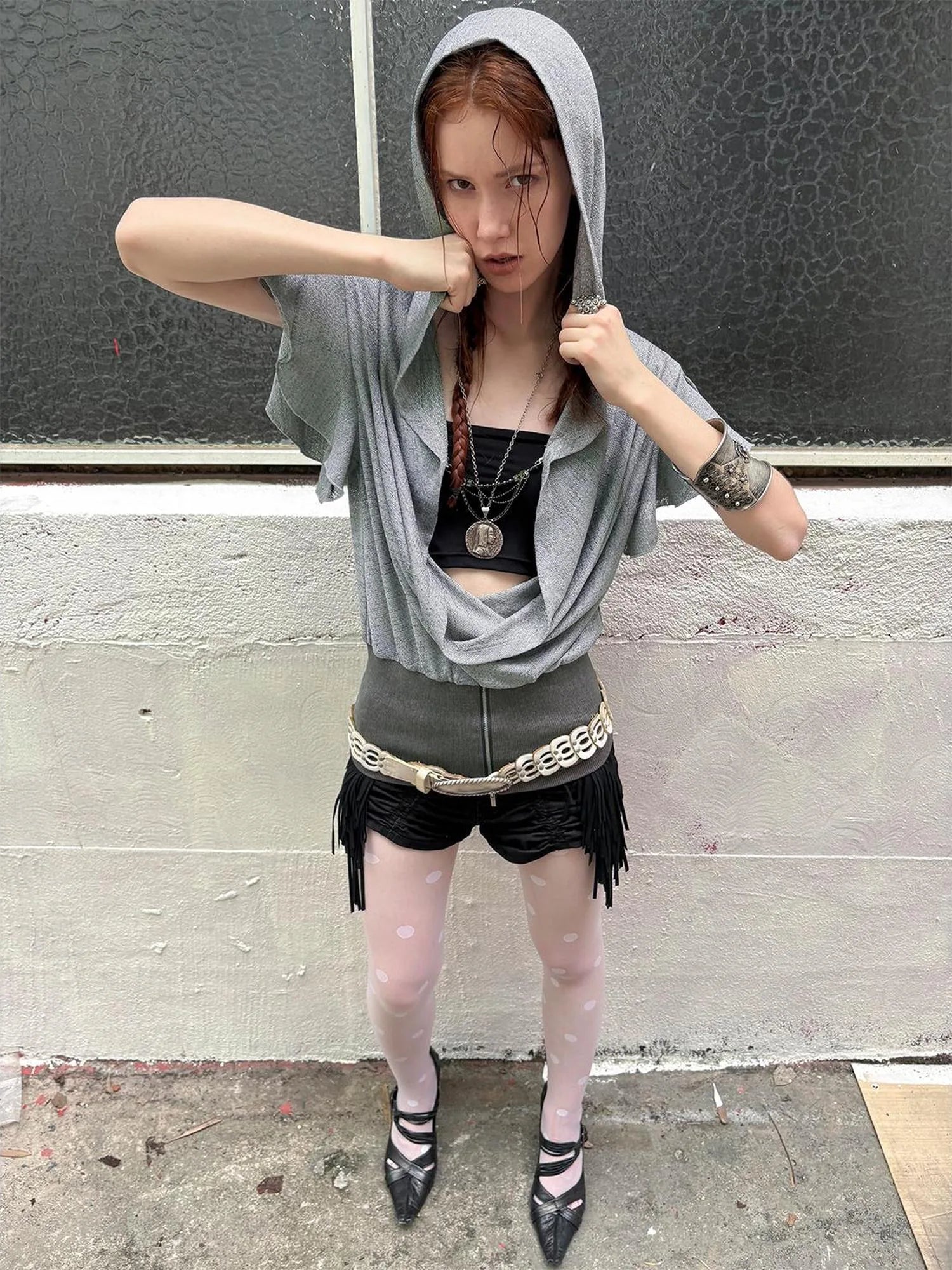 Lace-Up Batwing Sleeve Hollow Knit Cropped T-Shirt