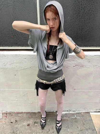 Lace-Up Batwing Sleeve Hollow Knit Cropped T-Shirt