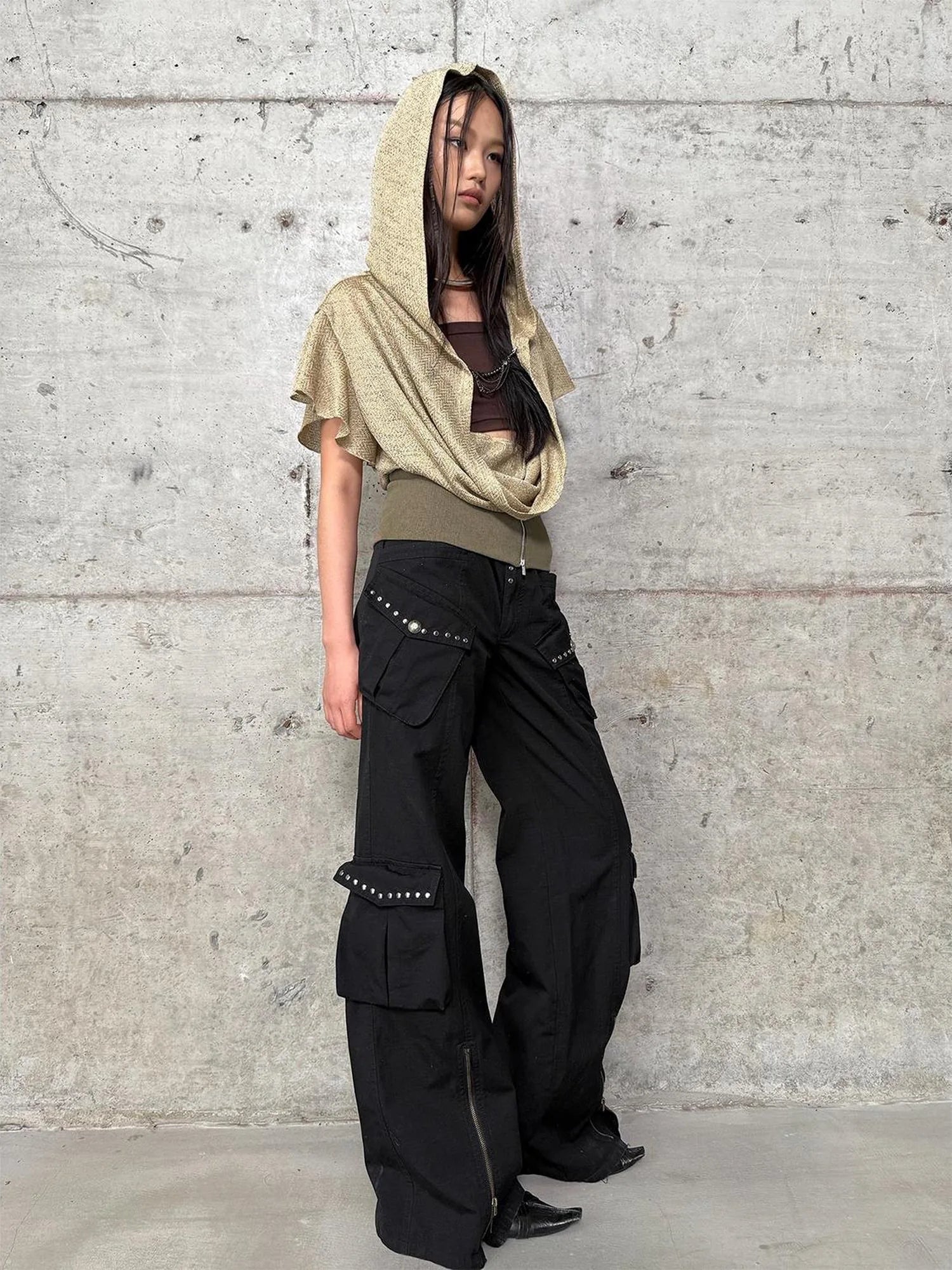 Lace-Up Batwing Sleeve Hollow Knit Cropped T-Shirt