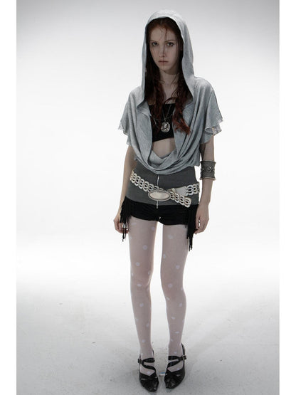 DoublePunch Lace-Up Batwing Sleeve Hollow Knit Cropped T-Shirt