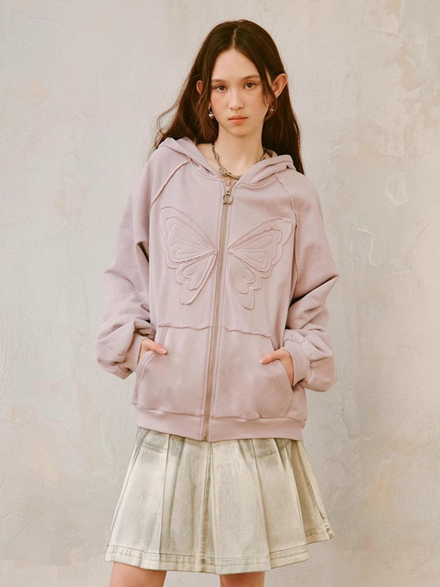DIDDI MODA Lace Bow Butterfly Hoodie Grey Oversized Cotton Sweatshirt