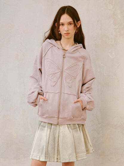 DIDDI MODA Lace Bow Butterfly Hoodie Grey Oversized Cotton Sweatshirt